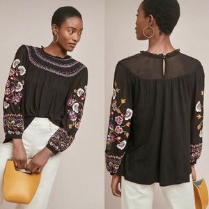 Anthropologie Akemi + Kin Louise Black Embroidered Floral Blouse, Size M…